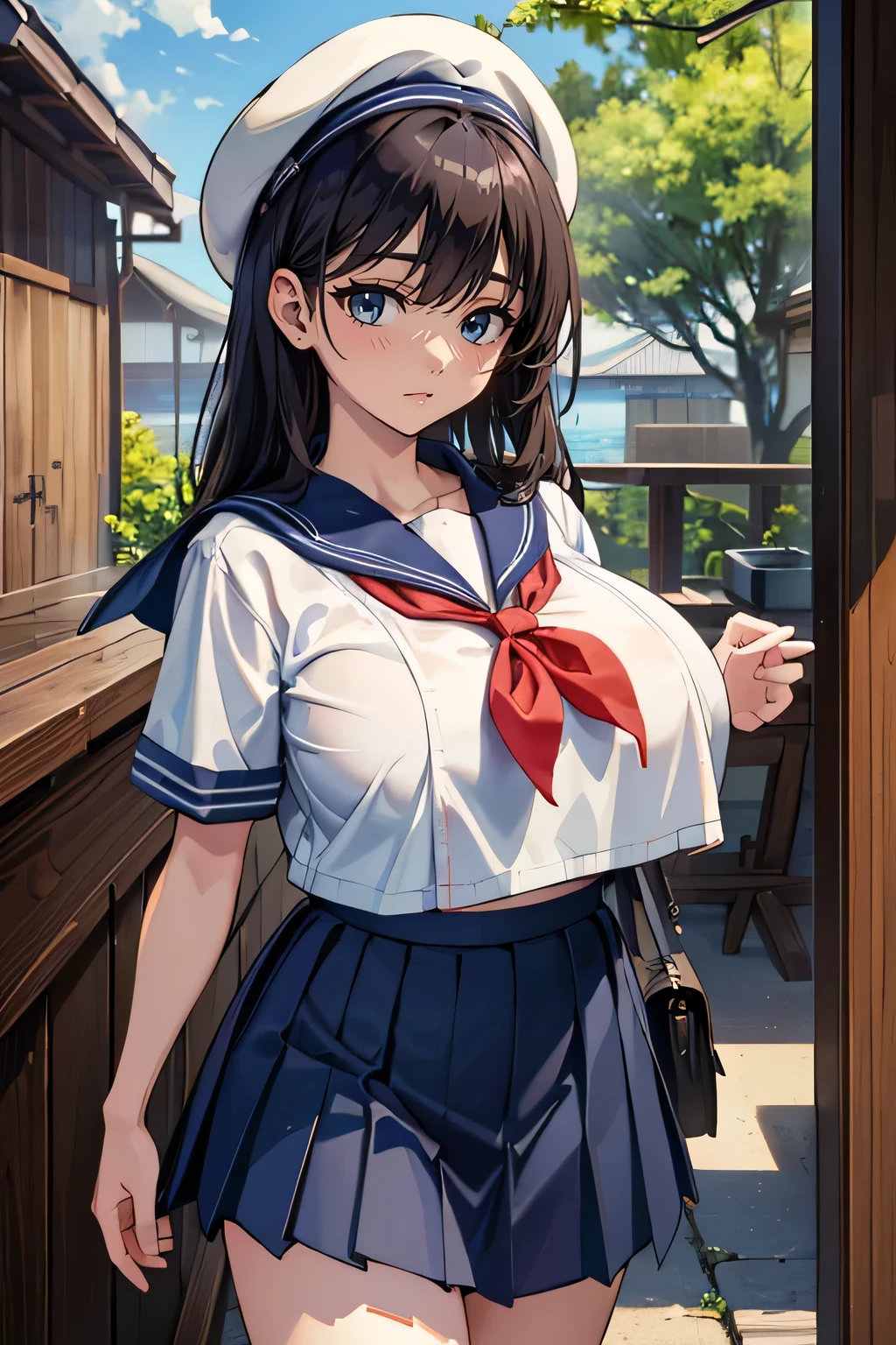 (8k, RAW photo, highest quality, masterpiece: 1.2),(long black hair,dull bangs), Japanese woman,beautiful face,blush,grin and laugh,(cowboy shot:1.5),(((short sleeve, cute white sailor suit, dark blue pleated skirt, navy sailor color, sailor scarf, socks, brown loafers))),(take off your hat),(huge breasts:1.5),(from the front:1.1),to the backyard,during the day