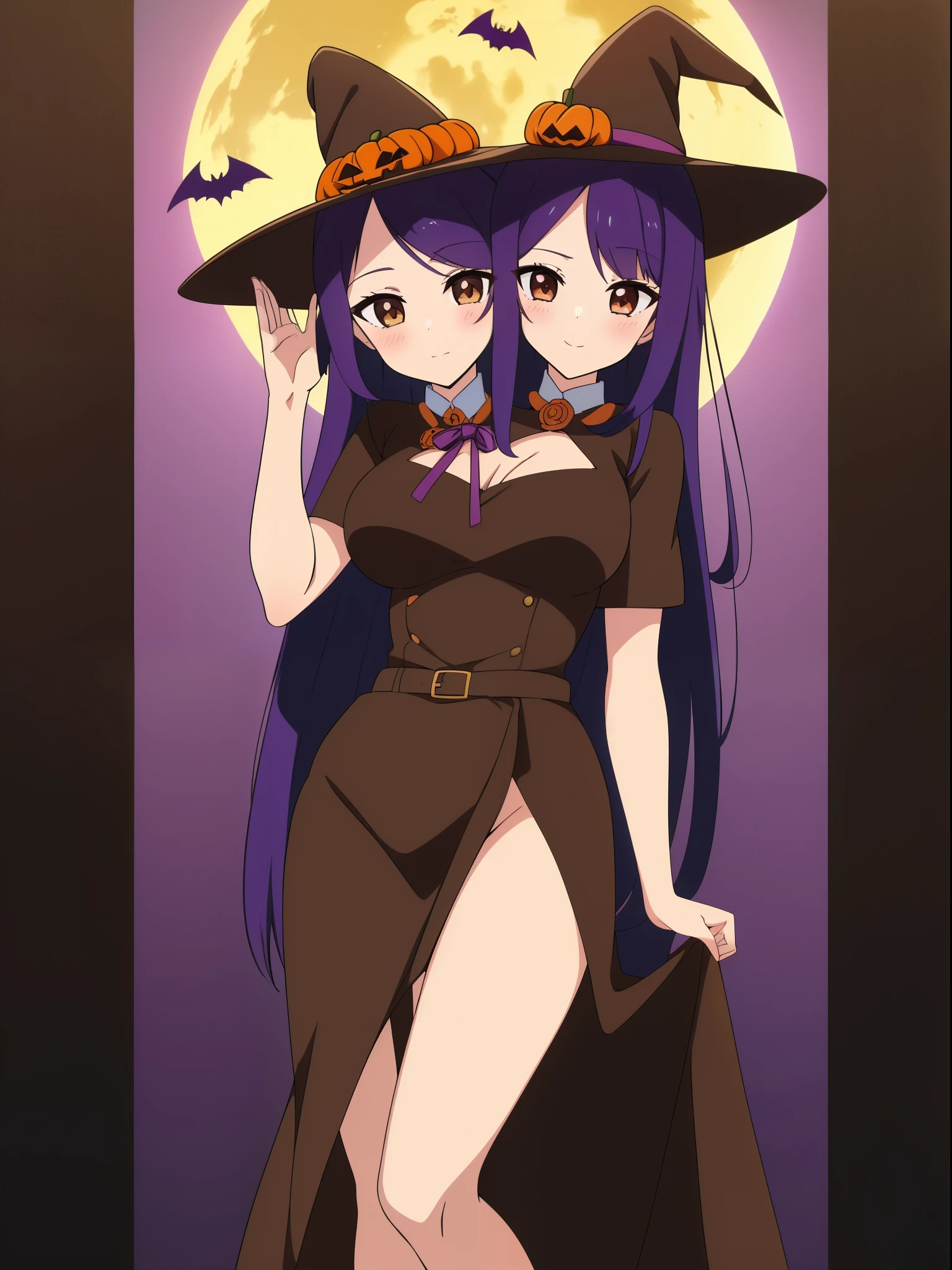 anime girl with pumpkins in her hands posing for a picture, two beautiful anime girls, 🍂 cute, anime girls, halloween art style, (anime girl), in a halloween style, (masterpiece),(ultra-detailed), (high quality), (high resolution), (best quality:1.5, highres, UHD), highres, absurdo, ultra detail, ultra quality, ((2heads:1.5)), 1girl, Ultra resolution, 16k, best quality, 1girl, ((purple hair)), ((black dress)), ((5 foot girl)), ((magicians outfit)), gentle smile, blushing, ( brown eyes) full moon background, ((Halloween background)), magician hat, magician girl