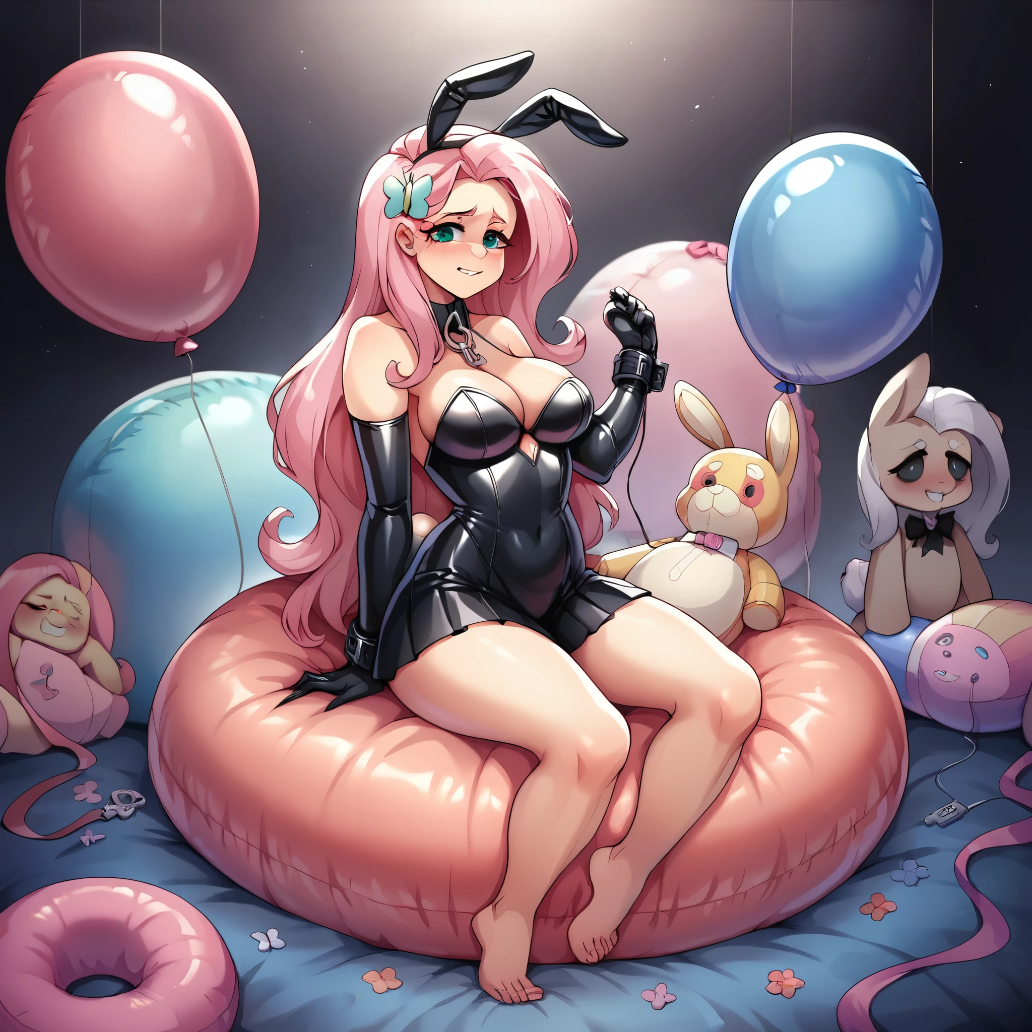 Humans, BDSM, balloon fetish, inflatables, looner, mistress and slave, femdom beautiful gentle mistress dominatrix mlpfluttershy in latex summer bouffant pleated dress, teasing and riding on her slave, inflatable pooltoy slave in inflatable latex suit with inflatable collar trapped inside huge inflatable balloon, medium thighs, medium breasts, hair ornament, fake bunny ears, perfect feet, perfect face, colorful balloons everywhere, inflatable pooltoys, huge inflatable toys around, inflatable world, tied up by balloon bondage, supremacy, masterpiece, lust, dark environment