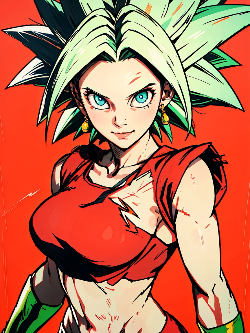 (masterpiece, best quality, ultra-detailed,  highres ,  best illustration ),  a girl,Beautiful Xyzkefla Super Saiyan cowboy photo,  green hair, green eyes,  spiked hair, Energy, ( Torn clothes:1.2), joy, aura, red leggings, red clothes, detailed, sharp focus, dramatic,  kinematic lighting, bodybuilder
