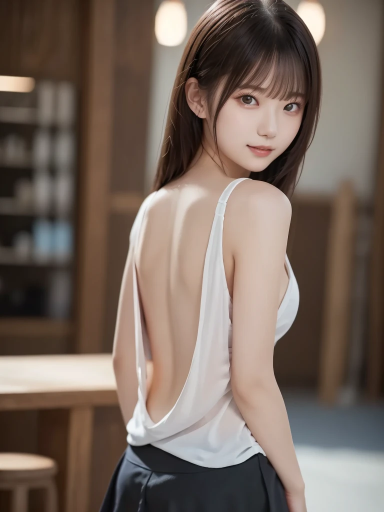 (Put your hands behind your back : 1.5)、 white shirt 、(Mini skirt : 1.2)、Complex and beautiful eyes、woman、 womanらしい黒髪、(Delicate and realistic hair、１Realistic hair)、bangs、 naturally colored lips、smile、((White Indoor))、((18歳woman:1.2))、 young and adorable Japanese face looking in front of the camera, Official Art， Highly Detailed CG Unity 8k Wallpaper，（masterpiece:1.0),(Best Quality:1.0), 超 high resolution,4K, very detailed, photo shoot, 8k,  NFSDW,  high resolution,  Kodak portrait 400,  film grain,  lens flare glow ,高いest quality,8k, NFSDW:1.2),  Portrait Shot ,8k、 viewer, (((Front View))), ((facing))、( body facing forward  : 1.5)、Bold cleavage、 firm chest、 small face, Best Quality、 Super beautiful images、(stand up : 1.3)