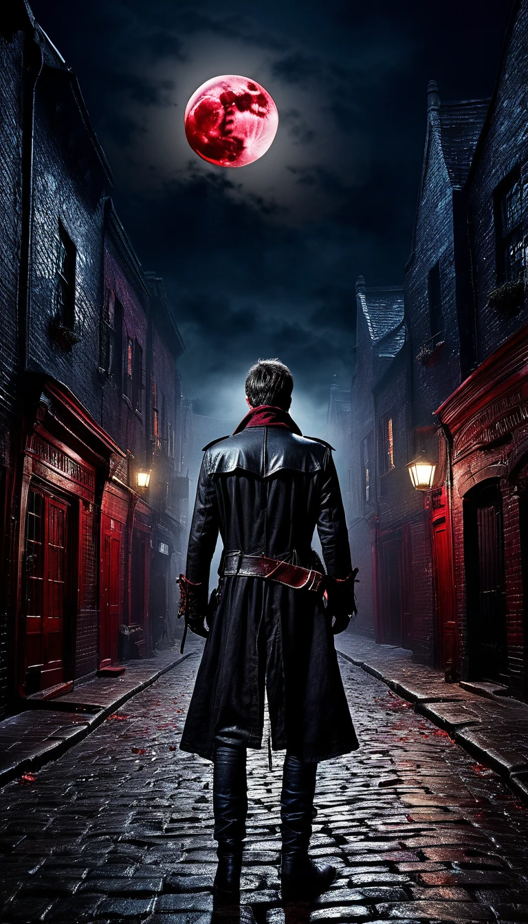 Night Sky、(((漆黒のNight Sky))),   Bloodborne Hunter  ,  （male、Short Hair）、(((Black Leather Clothes ))),   upper body、 from behind,   background  , lunar eclipse、 ((( Very Dark Red Full Moon ))),  1800s London's like Narrow Alley、Foggy,   Dark Fantasy Art ,  Best Quality  ,     Wide Shots   , Ultra Wide Angle,  Ultra-fine, 