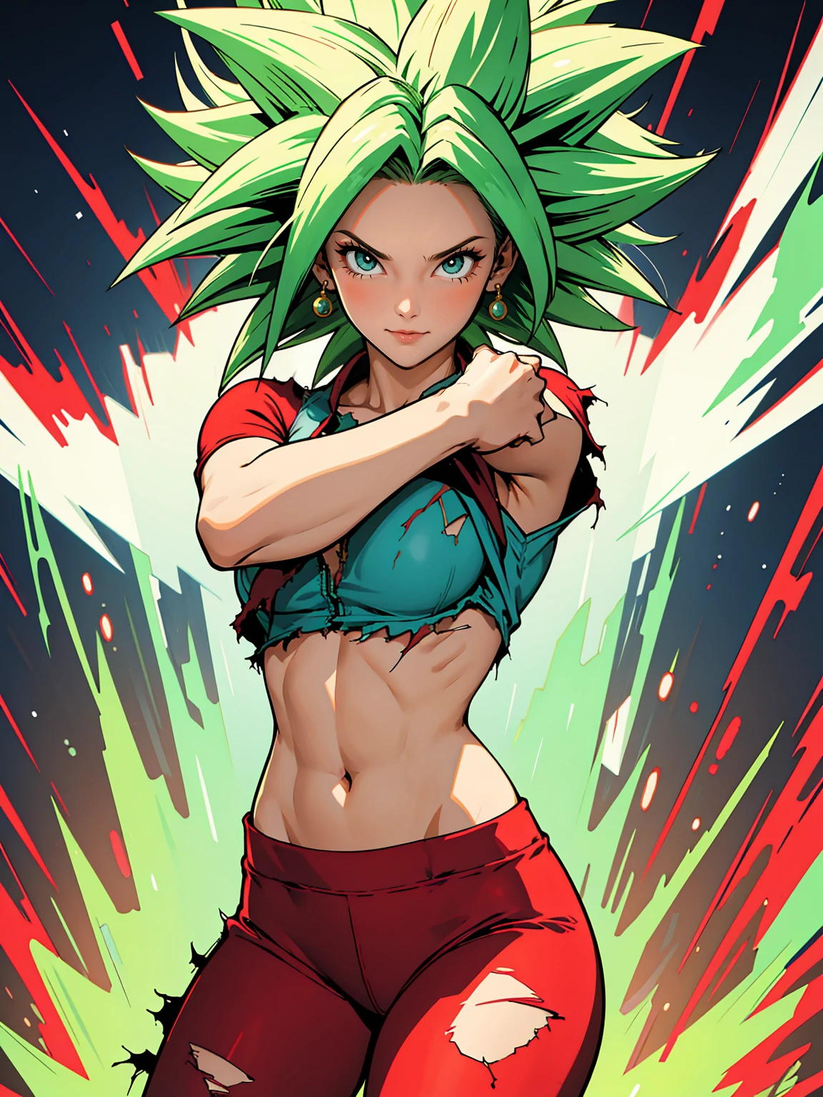 (masterpiece, best quality, ultra-detailed,  highres ,  best illustration ),  a girl,Beautiful Xyzkefla Super Saiyan cowboy photo,  green hair, green eyes,  spiked hair, Energy, ( Torn clothes:1.2), joy, aura, leggings, red clothes, detailed, sharp focus, dramatic,  kinematic lighting, bodybuilder
