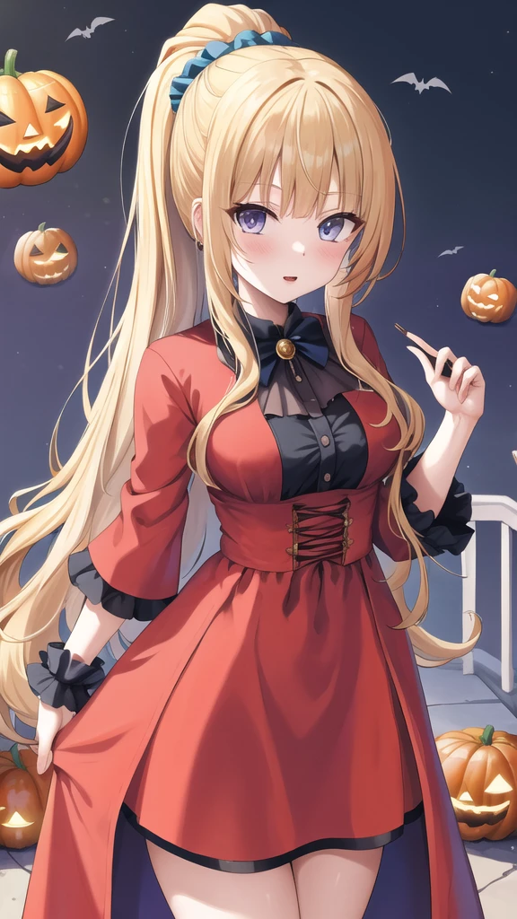 masterpiece, best quality, highres, aakei, long hair, blonde hair, ponytail, hair scrunchie, halloween Dress, 