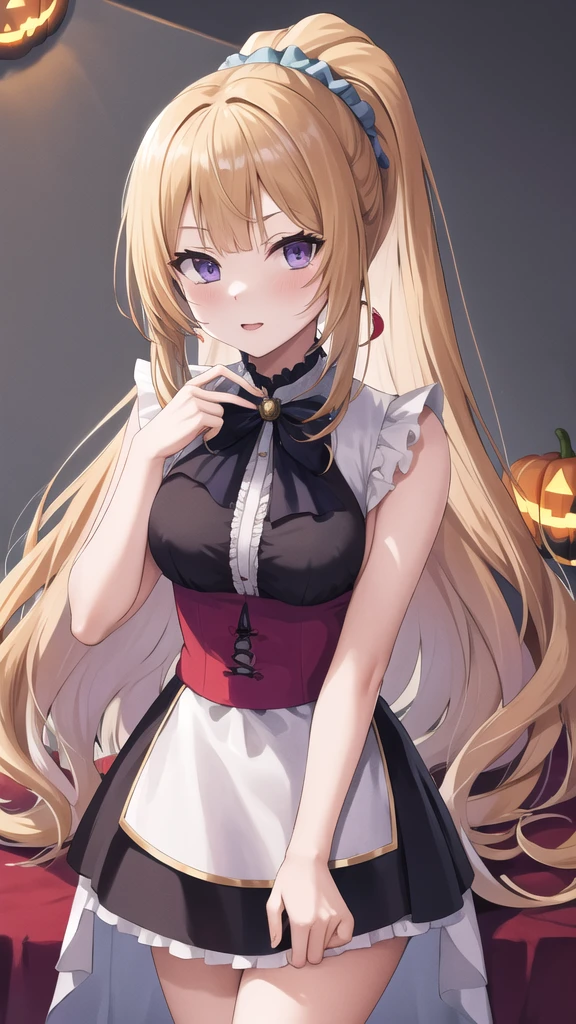 masterpiece, best quality, highres, aakei, long hair, blonde hair, ponytail, hair scrunchie, halloween Dress, 