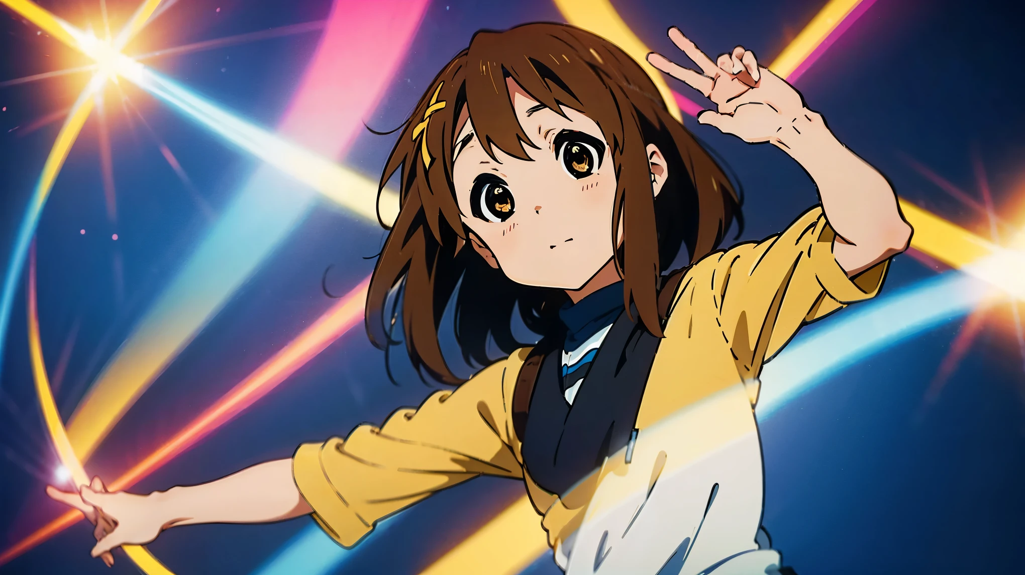 Hirasawa Yui From K-ON, beatiful eyes, 8K, Ultra detailed, Brown hair, gratitude pose, fulk body