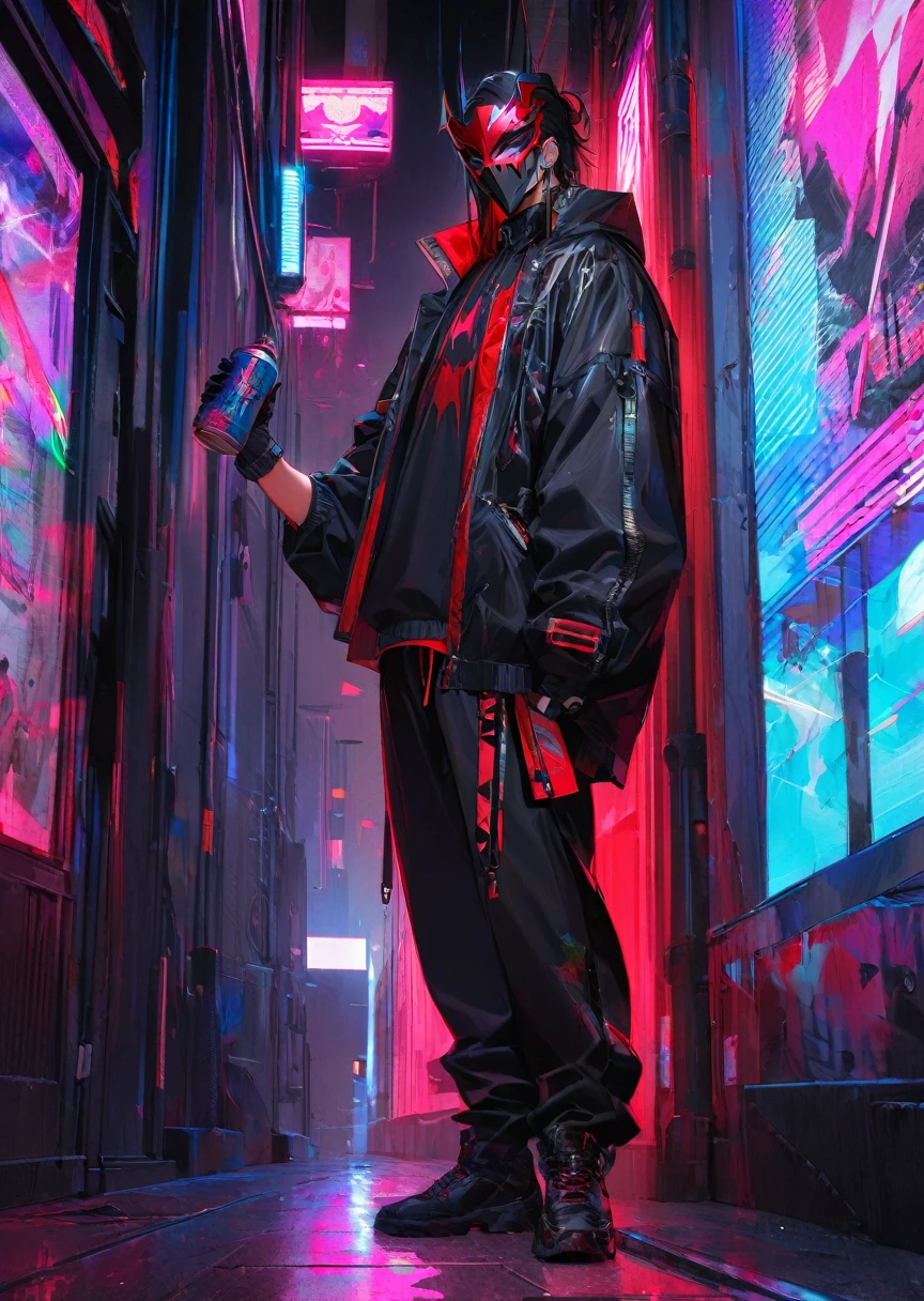 ” a male character wearing a black and red mask with a drawing of demon fangs,  clothes engraved with the name : Ketzuki Jarewor , full body , In one hand holds a can of neon spray  ,cyberpunk theme,l2v  ,  Extremely detailed image,neon light,  masterpiece  , High level of detail ,eyes,  Best quality