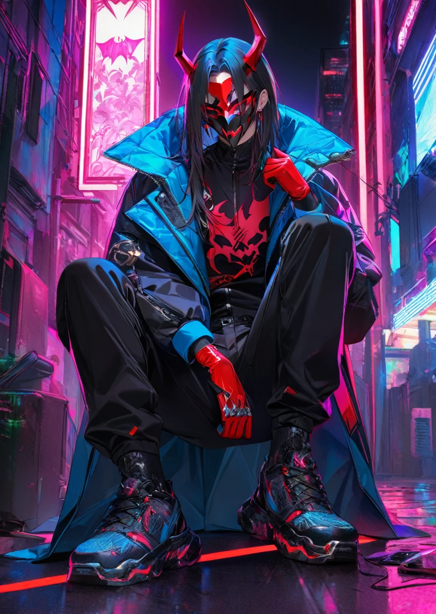 ” a male character wearing a black and red mask with a drawing of demon fangs,  clothes engraved with the name : Ketzuki Jarewor , full body , In one hand holds a can of neon spray  ,cyberpunk theme,l2v  ,  Extremely detailed image,neon light,  masterpiece  , High level of detail ,eyes,  Best quality