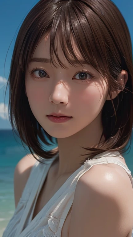 (Best Quality,8K quality,masterpiece:1.3),( ultra high resolution,Realistic:1.4,Live Shooting),(Super detailed,caustics),( Ultra Realistic Capture,  beautiful and detailed skin ),  beautiful Japanese,  asymmetrical bang,  camera in the beautiful ocean,Soft light, The light is shining in from above,Natural Light,  Ginko Namiki