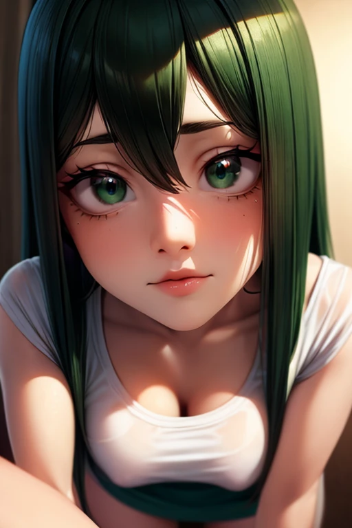 Low-angle, low-angle close-up. A fixed 50mm lens to create a natural perspective and subtle depth of field. Tsuyu Asui, a beautiful young woman in a dark room in front of a lamp. Soft, warm lighting, casting soft shadows. ((Tsuyu Asui with long green hair and long eyelashes):1.1), {medium breasts}, (((we are seeing yours))). Gaze at the viewer, loose mid-cut t-shirt, {breasts}, micro-miniskirt, moving pose, Physically based rendering, Subtle, warm shadows should be cast. Highly detailed, showing individual strands of hair, the intricate texture and emotions on the faces. Detailed facial features and delicate skin with perfect anatomy. Outstanding art, Professional digital art, Hyperrealistic, Photorealistic anime, Masterpiece, Best quality, 8k