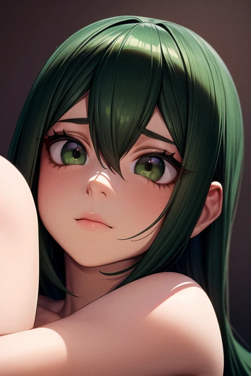 Low-angle, low-angle close-up. A fixed 50mm lens to create a natural perspective and subtle depth of field. Tsuyu Asui, a beautiful young woman in a dark room in front of a lamp. Soft, warm lighting, casting soft shadows. ((Tsuyu Asui with long green hair and long eyelashes):1.1), {medium breasts}, (((we are seeing yours))). Gaze at the viewer, loose mid-cut t-shirt, {breasts}, micro-miniskirt, moving pose, Physically based rendering, Subtle, warm shadows should be cast. Highly detailed, showing individual strands of hair, the intricate texture and emotions on the faces. Detailed facial features and delicate skin with perfect anatomy. Outstanding art, Professional digital art, Hyperrealistic, Photorealistic anime, Masterpiece, Best quality, 8k