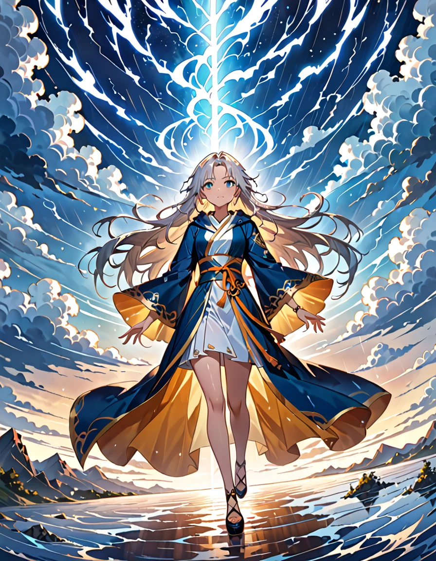 (((masterpiece, best quality, high detailed, 16k))) (1girl) A celestial goddess with long flowing silver hair that blends into stormy winds. Her piercing blue eyes glow like the depths of the night sky. She wears robes of swirling clouds, laced with golden lightning. In her hand, she holds a radiant staff, commanding storms with every gesture. The sky around her is dark and turbulent, filled with thunder and rain, as she strides through the heavens. ((full body view)), ((extremely detailed: 1.5))

