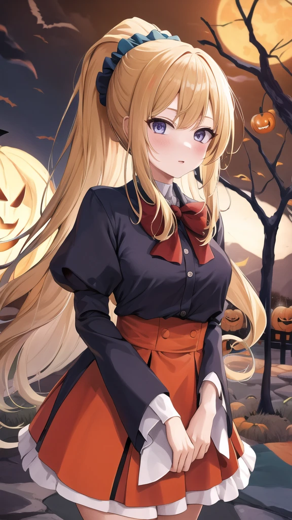 masterpiece, best quality, highres, aakei, long hair, blonde hair, ponytail, hair scrunchie, halloween Dress, 