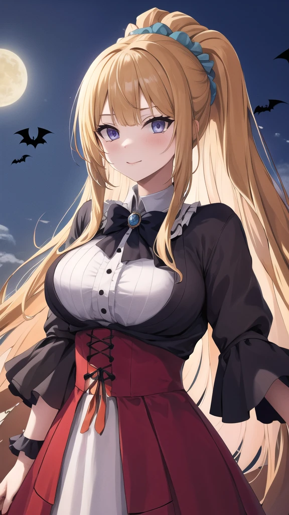 masterpiece, best quality, highres, aakei, long hair, blonde hair, ponytail, hair scrunchie, halloween Dress, 