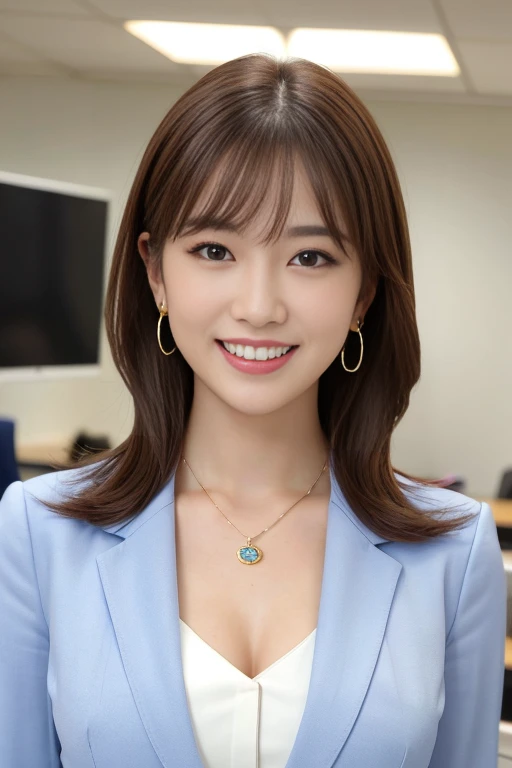 One Girl, High resolution, Large Breasts, Earrings, Attention to detail, Portraiture, smile, Long Hair, bangs, Brown Hair, announcer，Neat clothes，Reading a script on a news program
