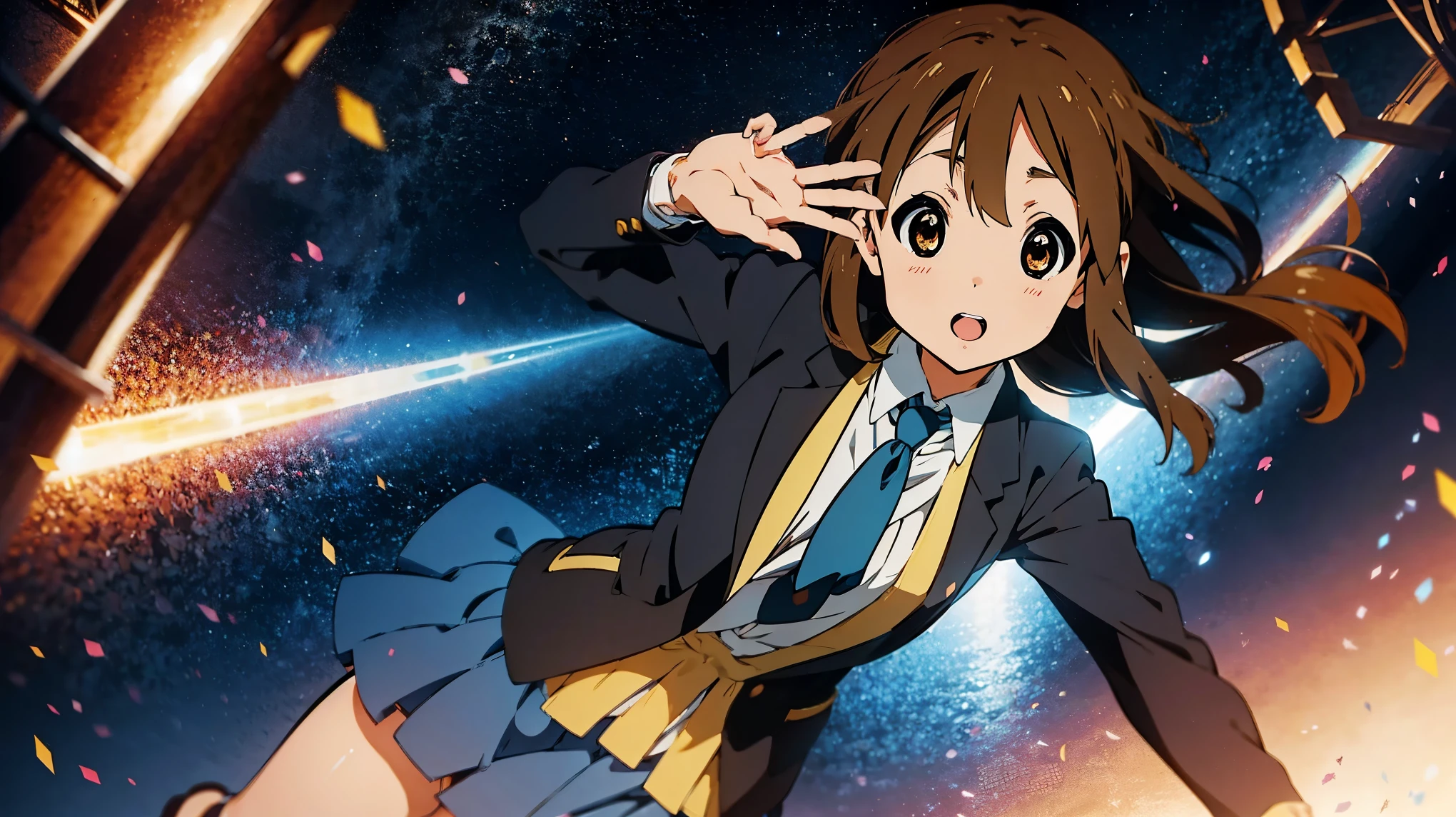 Hirasawa Yui From K-ON, beatiful eyes, 8K, Ultra detailed, Brown hair, gratitude pose, fulk body