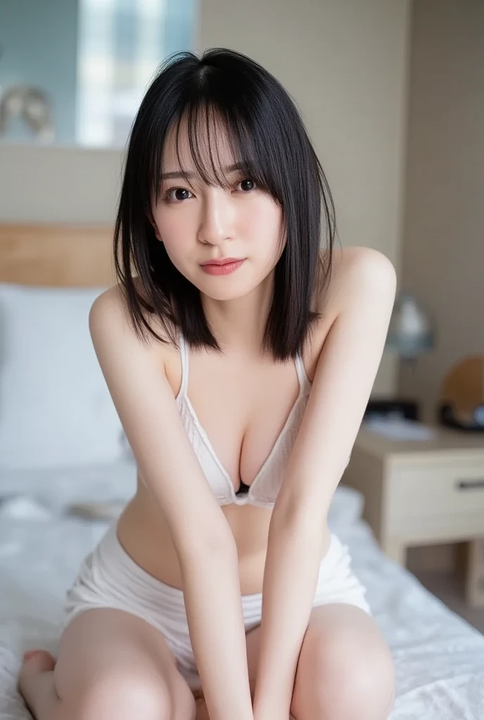 She is in a pose wearing a sexy camisole, making a firm big heart shape with both hands, and holding it in front of her chest, Cute smile up、Monotone background

