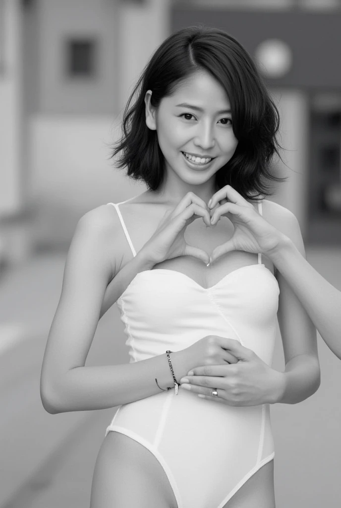 She is in a pose wearing a sexy camisole, making a firm big heart shape with both hands, and holding it in front of her chest, Cute smile up、Monotone background

