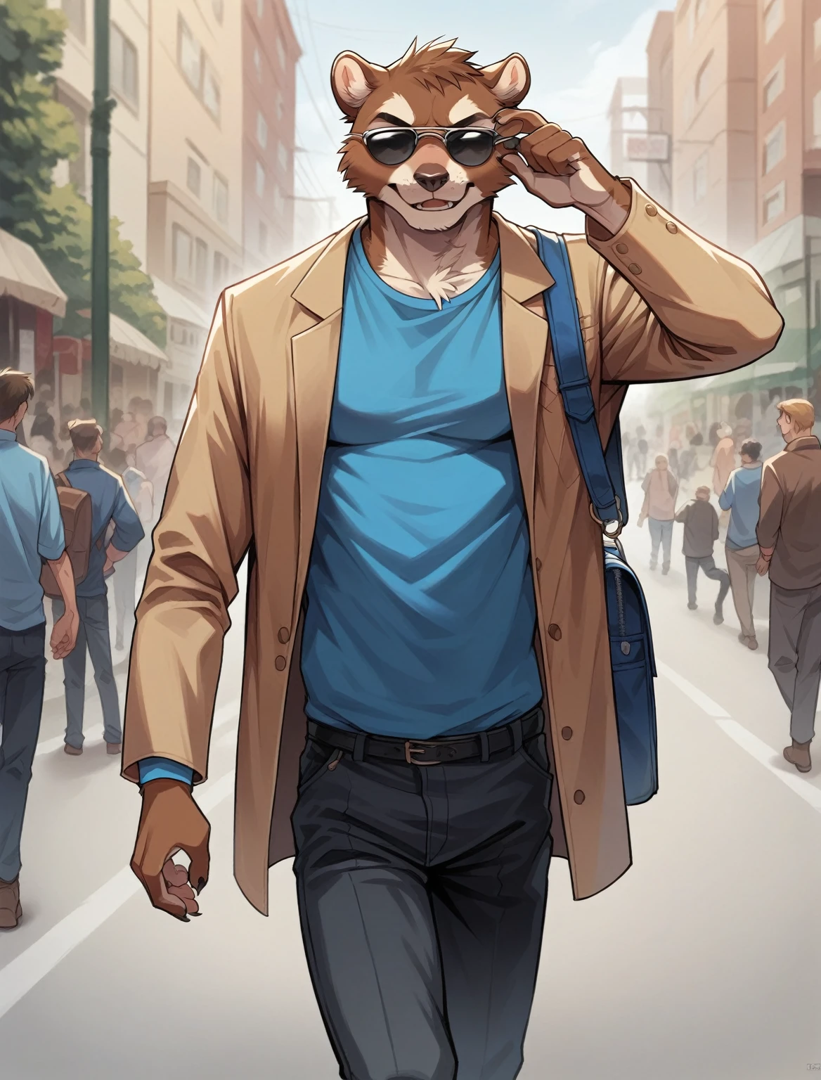  in the foreground, better, quality, from a: man, alone, furry, antromorfo, lobo,  men's, with hairstyle (melena),.. attire: brown coat ,  black dress pants , blue shirt, brown boots,  and some sunglasses ,.. bottom: Set, photo shoot, street, blue backpack,.. pose: walking, (cara lateral, ladeado),  looking at the camera.