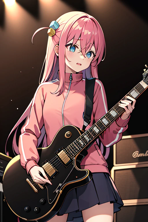 masterpiece, best quality, highres, gotou1, gotou hitori, solo, skirt, pink jacket, track jacket, bangs, hair between eyes, long sleeves, stage, holding instrument, guitar,