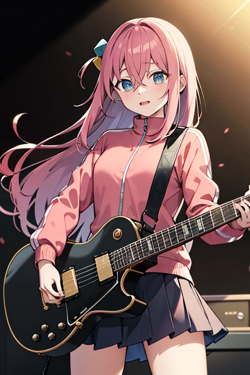 masterpiece, best quality, highres, gotou1, gotou hitori, solo, skirt, pink jacket, track jacket, bangs, hair between eyes, long sleeves, stage, holding instrument, guitar,