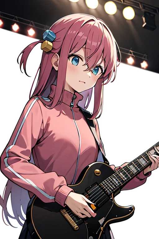 masterpiece, best quality, highres, gotou1, gotou hitori, solo, skirt, pink jacket, track jacket, bangs, hair between eyes, long sleeves, stage, holding instrument, guitar,