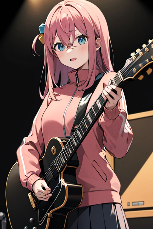 masterpiece, best quality, highres, gotou1, gotou hitori, solo, skirt, pink jacket, track jacket, bangs, hair between eyes, long sleeves, stage, holding instrument, guitar,