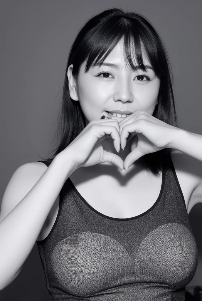 She is in a pose wearing a sexy camisole, making a firm big heart shape with both hands, and holding it in front of her chest, Cute smile up、Monotone background

