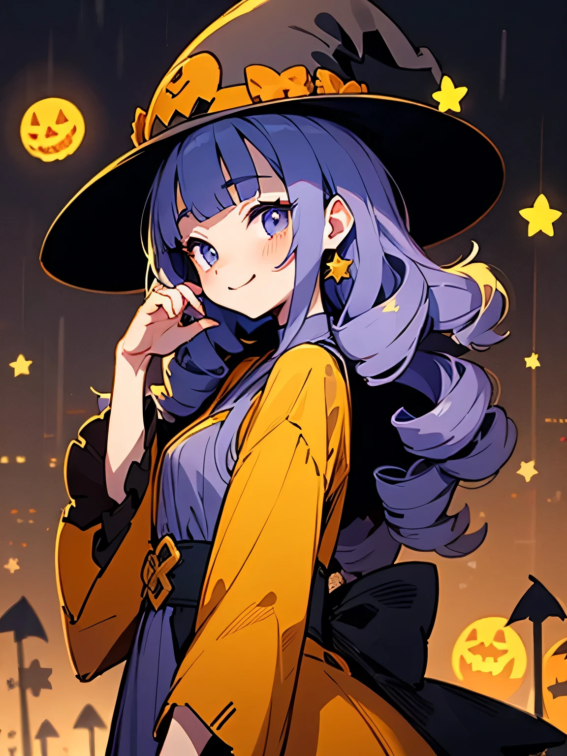 sideview,Alone,(looking at viewer),upperbody,cute face,rainbow long loose wavy curly drill hair,blunt bangs,smile,shiny heart eyes,Monk's Halloween Hat 、 Halloween stripe cute Dress、piece sign,(I am the star),Model Pose, The City Is in the Halloween Mood 、 jack-o-lanterns 、Orange street lamp、Lovely evening、Candy Rain、 trick or treat、(manga style),(sketch),(illustration)