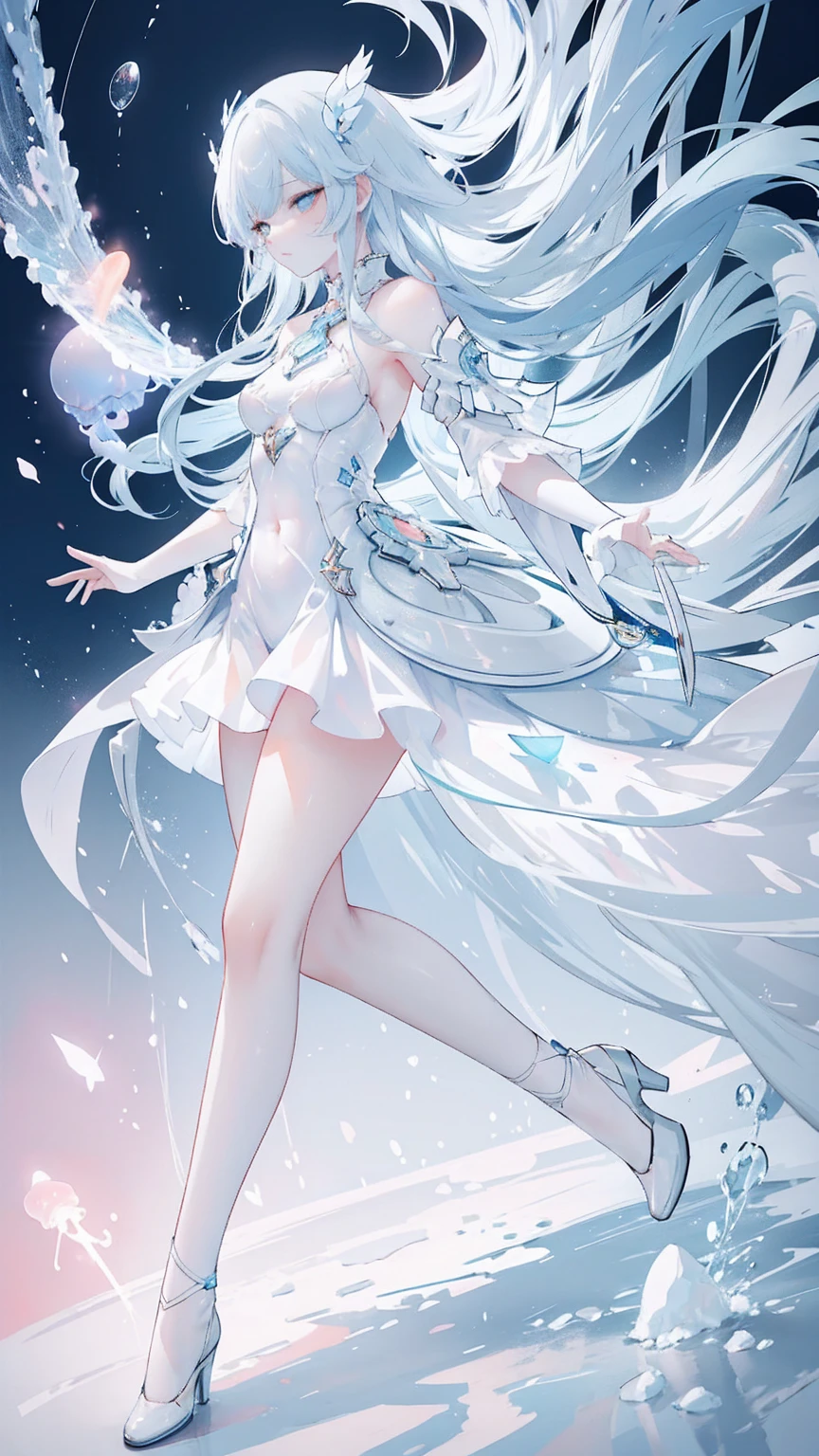 Combat Action，Elegant，Full body portrait，(  Soft Colors  ), (  Soft Colors  ), (High-quality rendering),  light blue moon jellyfish personification,  beautiful , pearl,  white theme , ((illustration))，colorful coral 