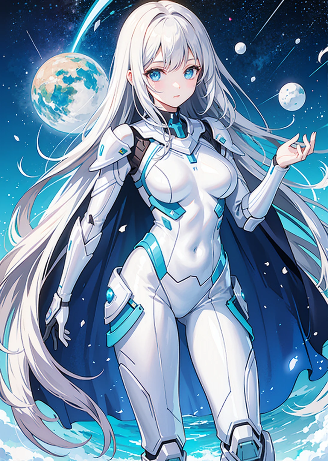  A beautiful girl standing straight, Facing forward,  with long shiny hair ,  Sexy and decent figure ,  in space travel armor , As an assistant , A character in a video game,close up.