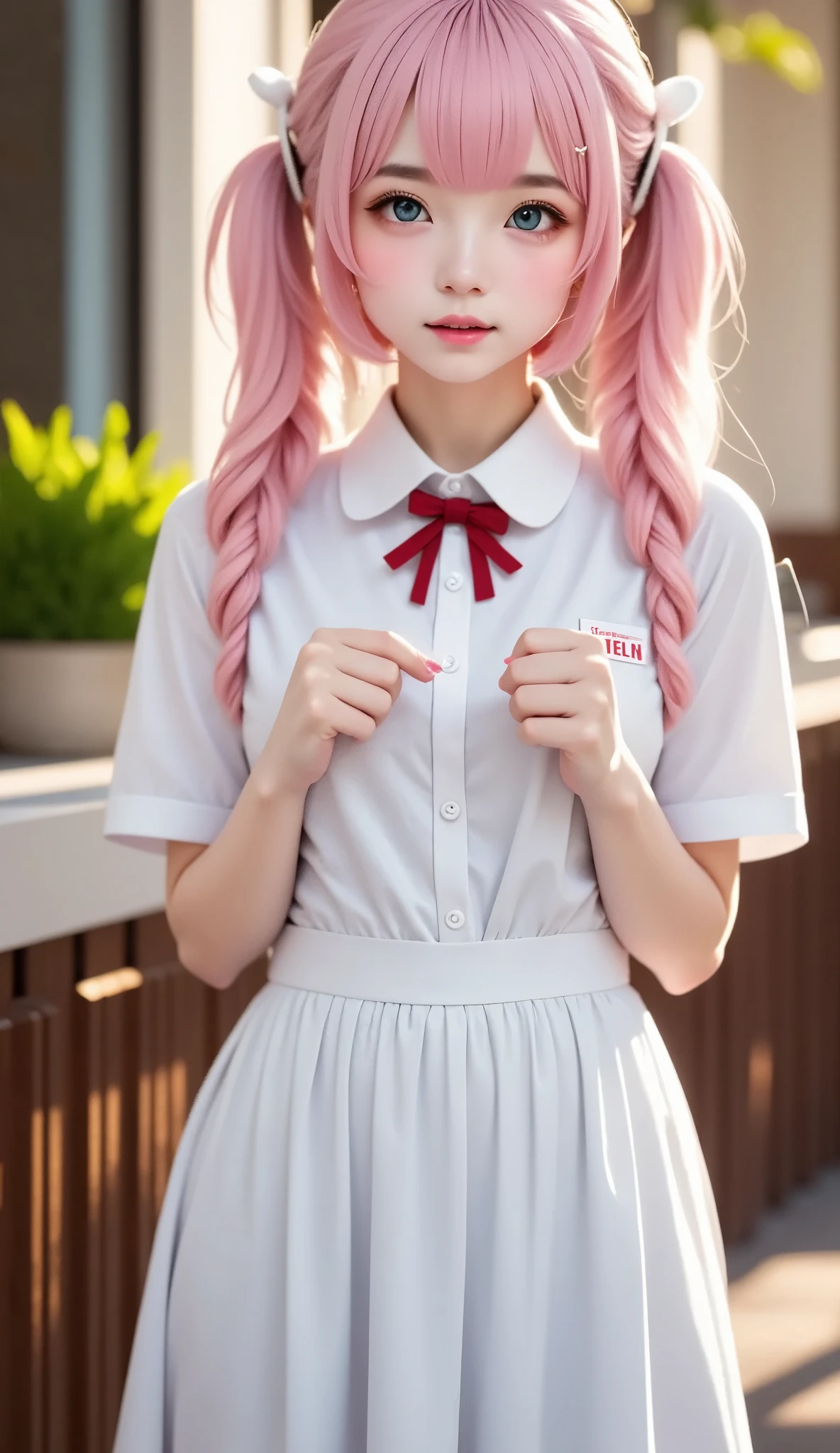 beautician 、Nurse uniform、Best Quality、masterpiece、 one girl playing pranks、22 years old、 white skin、 wicked smile:0.8、 Pink Hair。 twin tails、Hair Clip、大きなHair Clip、Cute Hair Clips、Grey Eyes、Small red cheeks and nose、break、beautician 、