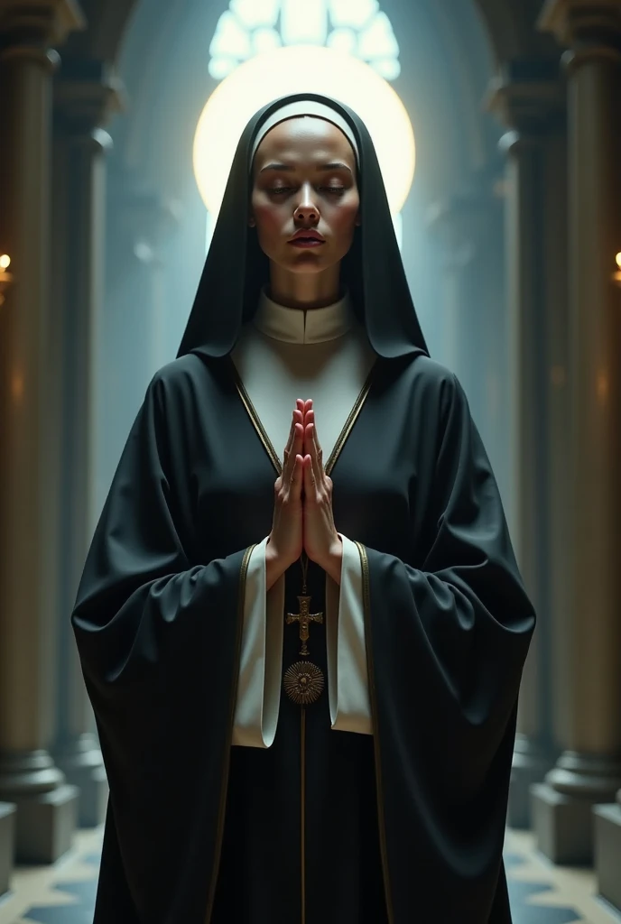 photo realistic image of a stunning Nun in consecration time, serene and glorious nuance, dramatic lights, shining light behind her head, locking fingers in prayer stance