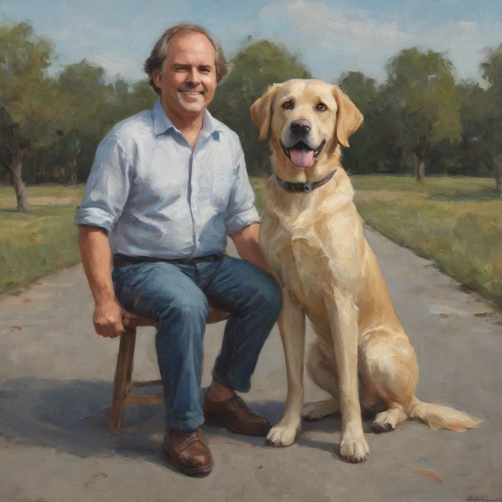 a solo portrait painting of adult Labrador, full body shot, hurt, cartoon, caricature,  prefect hair,  marsattacks style, 