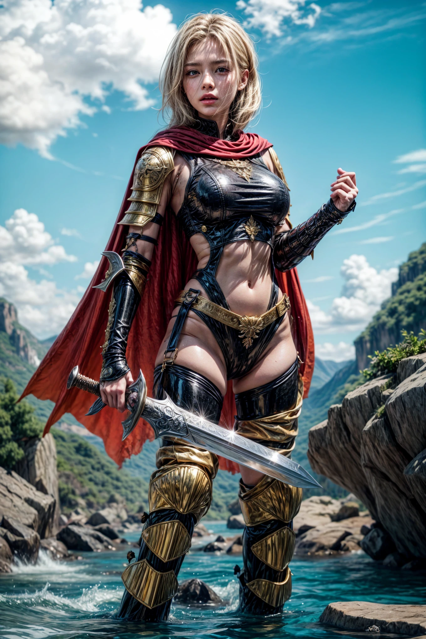Against the backdrop of (lush jungle) and under the misty veil of (majestic waterfalls), the (radiant blonde warrior) sits on a rock, her gaze fixed directly on the camera lens. The (dark night sky) sparkles above, lit by the (fiery red moon). Red flames dance around her, casting a warm glow over her perfect physique. The (black bone bikini armor), adorned with highly detailed (bones) and Big spikes accentuates the perfect curves of her body. Her crown, made from dragon bone, sits atop her golden locks, as she sports a sultry smile. The gentle flow of the river creates a calming hum, while the warrior's confidence radiates through the cinematic frame. (Black Armor, Bone Armor, Big spikes Armor:1.3), (Bone crown:1.3)