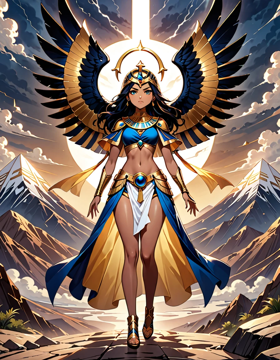 ((masterpiece, ultra detailed)) (1girl) A fierce goddess with a falcon's gaze, her piercing eyes shining like the sky. She wears a magnificent golden and blue falcon-shaped helmet, with wings that extend behind her. Her armor is royal and adorned with the Eye of Horus, symbolizing protection. In one hand, she holds a spear, and in the other, a shield with the symbol of kingship. She stands atop a mountain peak, with a stormy sky swirling behind her. ((cinematic, full body, Egyptian mythology)).