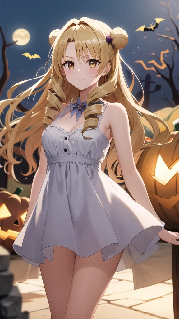 masterpiece, best quality, highres, 1girl, solo, long hair, blonde hair, double bun, drill hair, brown eyes, halloween Dress, standing, cowboy shot, outdoors,