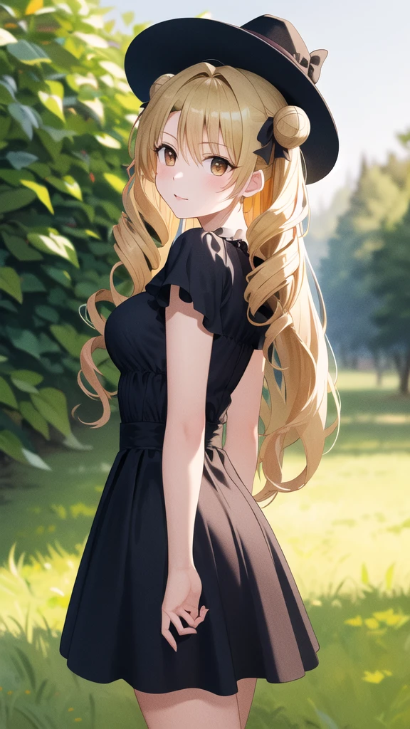 masterpiece, best quality, highres, 1girl, solo, long hair, blonde hair, double bun, drill hair, brown eyes, halloween Dress, standing, cowboy shot, outdoors,