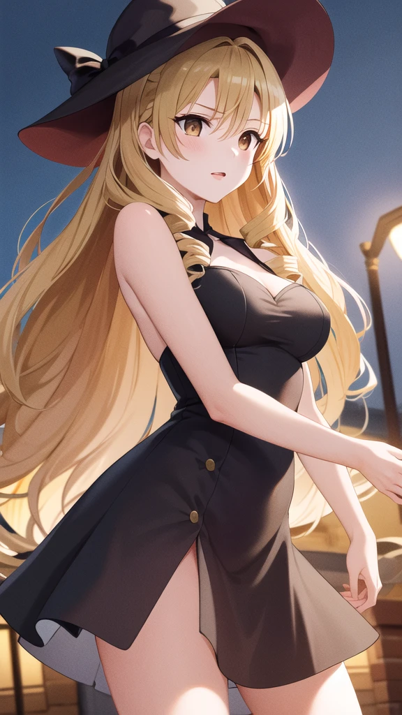 masterpiece, best quality, highres, 1girl, solo, long hair, blonde hair, double bun, drill hair, brown eyes, halloween Dress, standing, cowboy shot, outdoors,