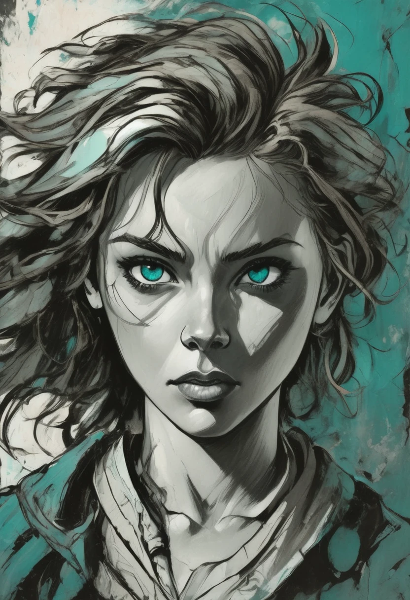 A woman in a situation?, Sketch, color palette from amber to teal, Detailed Features, beautiful, ancient style, high contrast lighting, expressive eyes, messy hair. (Best Quality, high resolution, realist:1.37), ancient, monochrome, intense look, dramatic lighting, rough background, worn paper texture, retro vibes, ID photo, front view, Surrounding women with abstract art clichés., ((Detailed eyes))，((Correct anatomy))，((​masterpiece、top-quality、ultra-definition、hight resolution))、4K picture quality