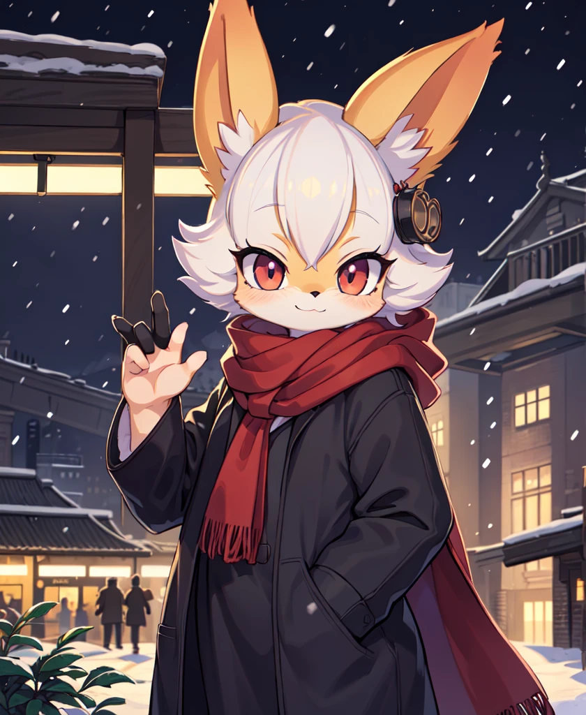 (by Wamudraws, by B-Epon, by Exed Eyes:1.25), anthro (fennekin:1.25), red scarf, detective cloak, standing, smile, waving at viewer (three-quarter portrait:1.3), three-quarter view, close-up, BREAK, london train station, night, glowing, plant, snowing, detailed detailed background, depth of field, ambient silhouette, backlighting, masterpiece, best quality, light, 4k, 2k, (high detail:1.25), shaded, photography, solo nude pelada big peitos