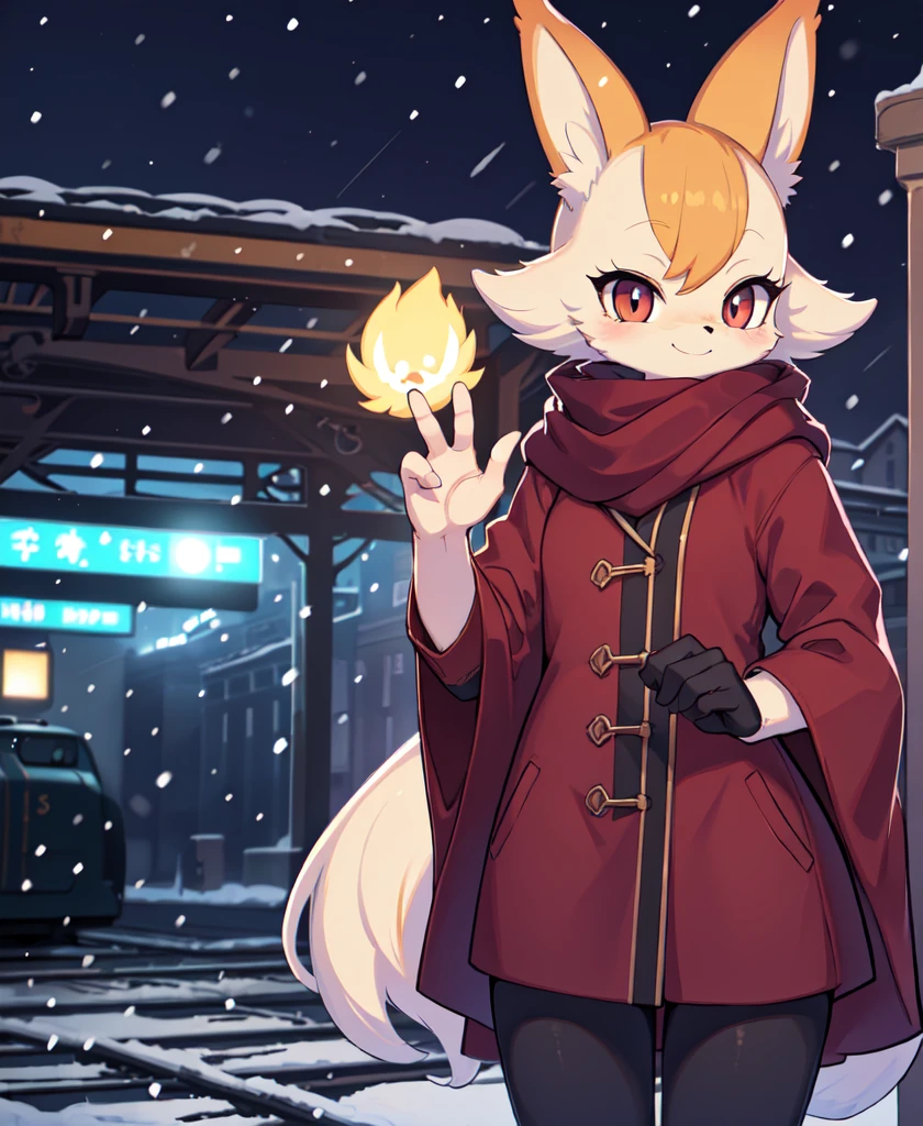 (by Wamudraws, by B-Epon, by Exed Eyes:1.25), anthro (fennekin:1.25), red scarf, detective cloak, standing, smile, waving at viewer (three-quarter portrait:1.3), three-quarter view, close-up, BREAK, london train station, night, glowing, plant, snowing, detailed detailed background, depth of field, ambient silhouette, backlighting, masterpiece, best quality, light, 4k, 2k, (high detail:1.25), shaded, photography, solo nude pelada big peitos