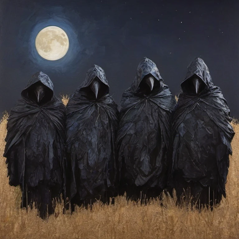 A group of anthropomorphic hooded ravens, hoods made of burlap, fantasy art, night, full moon, oil and alcohol ink, grungy