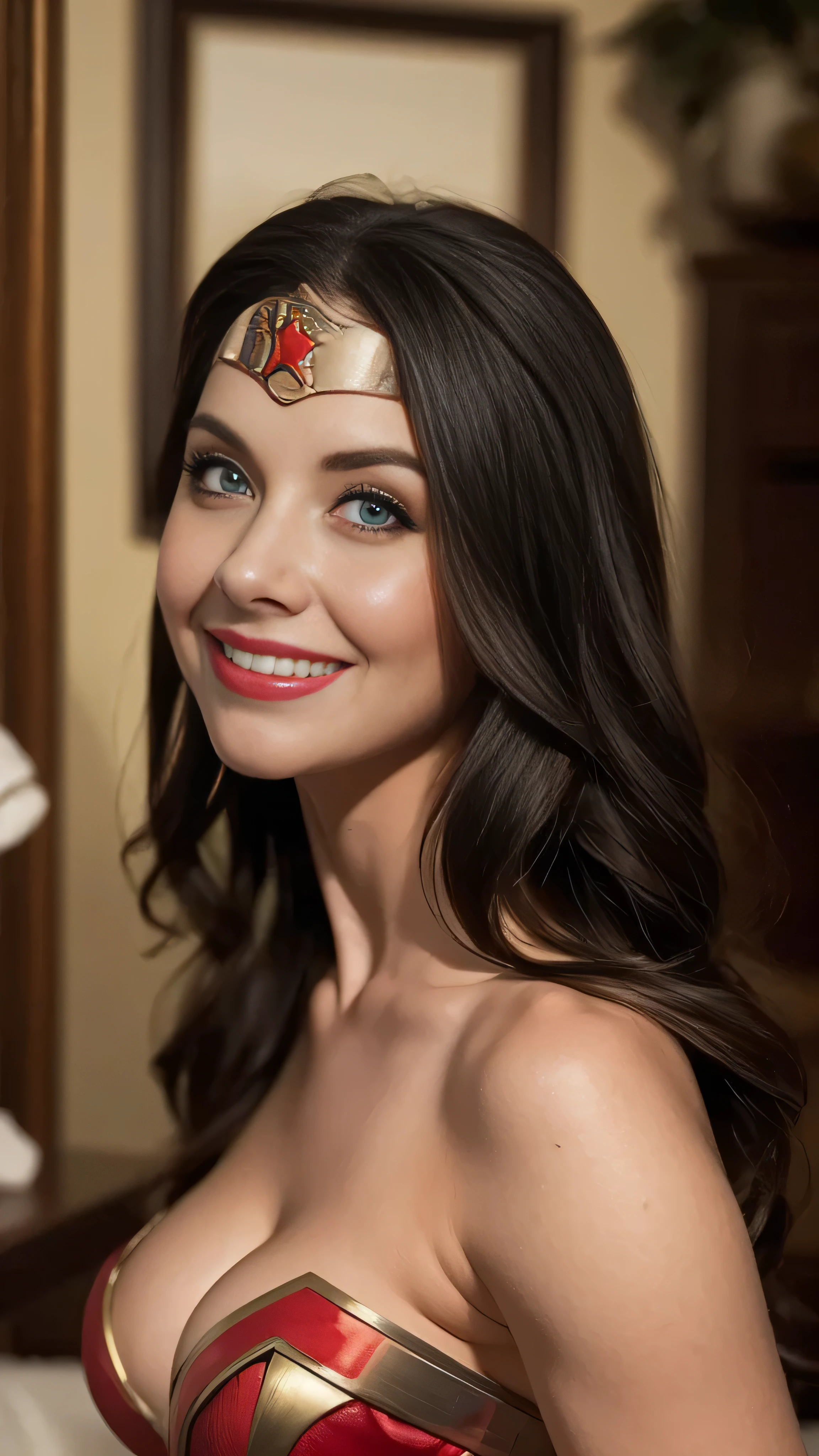 (masterpiece, best quality:1.2), 1girl, solo, long styled hair, looking at viewer, cute, medium breasts, sexy fit body, slim waist, seductive lips, shy smile, round happy eyes, serious expression, laugh lines, half body portrait, wearing Wonder Woman armor