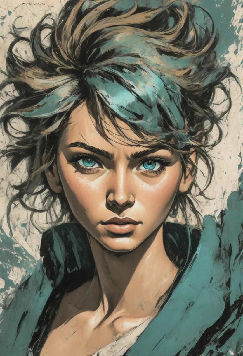 A woman in a situation?, Sketch, color palette from amber to teal, Detailed Features, beautiful, ancient style, high contrast lighting, expressive eyes, messy hair. (Best Quality, high resolution, realist:1.37), ancient, monochrome, intense look, dramatic lighting, rough background, worn paper texture, retro vibes, ID photo, front view, Surrounding women with abstract art clichés., ((Detailed eyes))，((Correct anatomy))，((​masterpiece、top-quality、ultra-definition、hight resolution))、4K picture quality