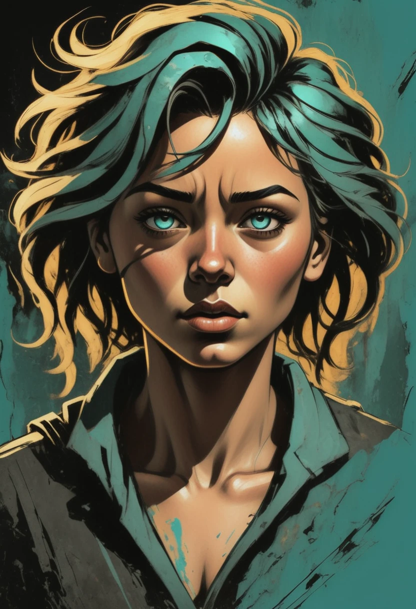 A woman in a situation?, Sketch, color palette from amber to teal, Detailed Features, beautiful, ancient style, high contrast lighting, expressive eyes, messy hair. (Best Quality, high resolution, realist:1.37), ancient, monochrome, intense look, dramatic lighting, rough background, worn paper texture, retro vibes, ID photo, front view, Surrounding women with abstract art clichés., ((Detailed eyes))，((Correct anatomy))，((​masterpiece、top-quality、ultra-definition、hight resolution))、4K picture quality