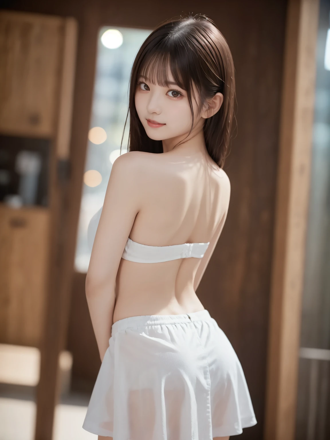 (Put your hands behind your back : 1.5)、 white shirt 、(Mini skirt : 1.2)、Complex and beautiful eyes、woman、 womanらしい黒髪、(Delicate and realistic hair、１Realistic hair)、bangs、 naturally colored lips、smile、((White Indoor))、((18歳woman:1.2))、 young and adorable Japanese face looking in front of the camera, Official Art， Highly Detailed CG Unity 8k Wallpaper，（masterpiece:1.0),(Best Quality:1.0), 超 high resolution,4K, very detailed, photo shoot, 8k,  NFSDW,  high resolution,  Kodak portrait 400,  film grain,  lens flare glow ,高いest quality,8k, NFSDW:1.2),  Portrait Shot ,8k、 viewer, (((Front View))), ((facing))、( body facing forward  : 1.5)、Bold cleavage、 firm chest、 small face, Best Quality、 Super beautiful images、(stand up : 1.3)