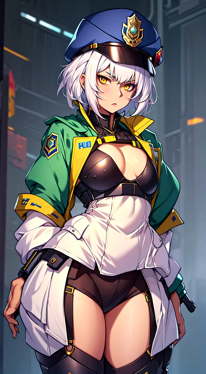 (masterpiece:1.2), absurd, 1Female, mature, small chest, ((police uniform,hat)),  yellow eyes, short hair, white hair, Front view, exaggerated thighs,