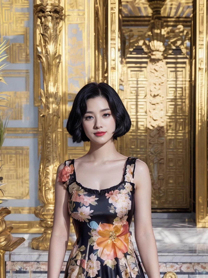 Krystal The Fox, Blue Fox, Blue Skin, Fox Tail, Beautiful, Short Hair, Jewelry, White Dress, Long Dress, Sunset, Looking at Viewer, walking, 2D illustration. A Background of a Roman pillars of a garden and flowery and colorful background arches with colorful gardens and a water fountain, upper body, close up.