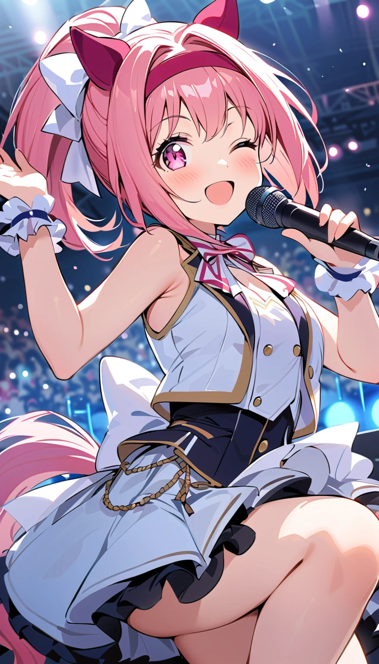 best quality, masterpiece,1girl, haru urara, ponytail, hair bow, white bow, headband, animal ears, ear covers, symbol in eye, flower in eye, horse tail,idol costume, smile, wink, one eye closed, live stage, conffeti, audience,